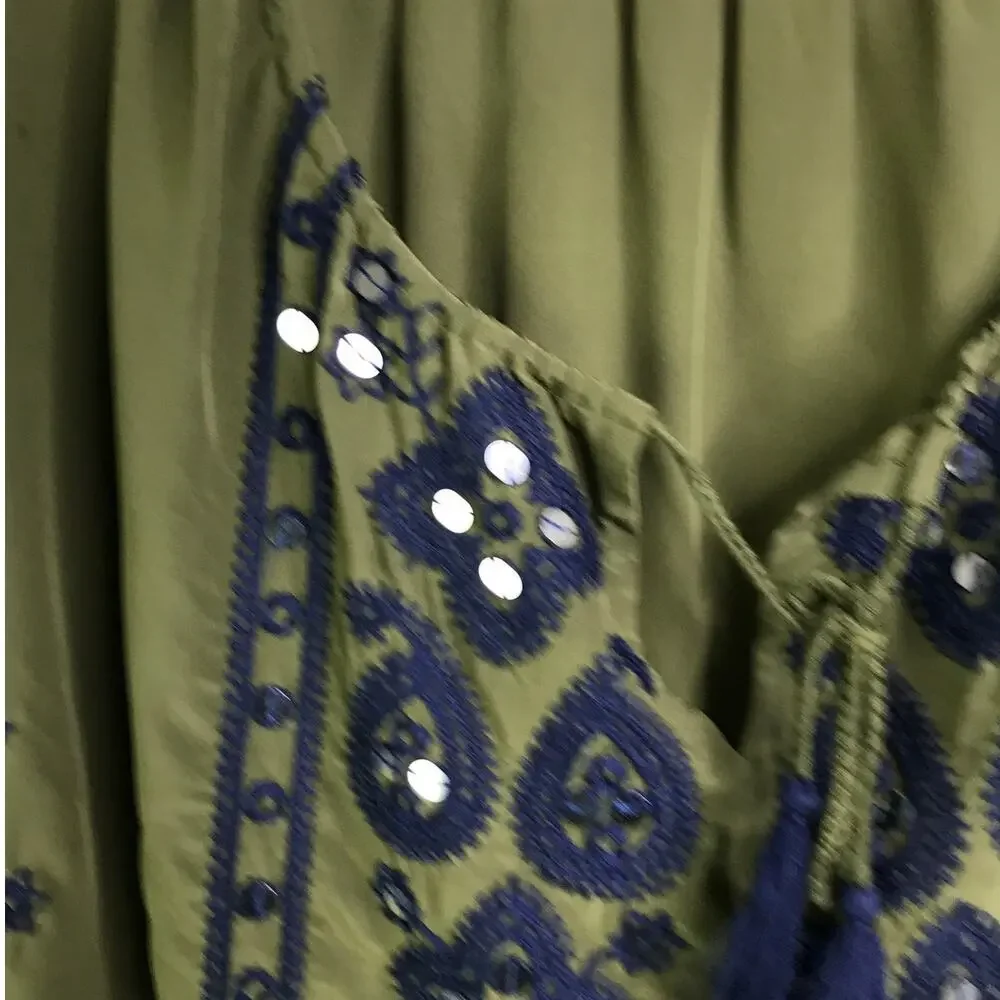 Tory Burch Camille Embroidered Silk Blouse Womens Size 0 Olive Green‎ boho chic